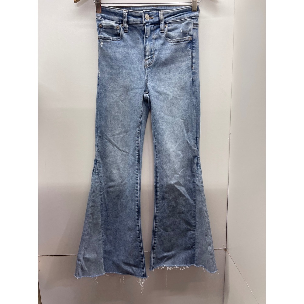 American Eagle Festival Flare Jeans Light Wash Distressed Raw Hem Size 0 Regular